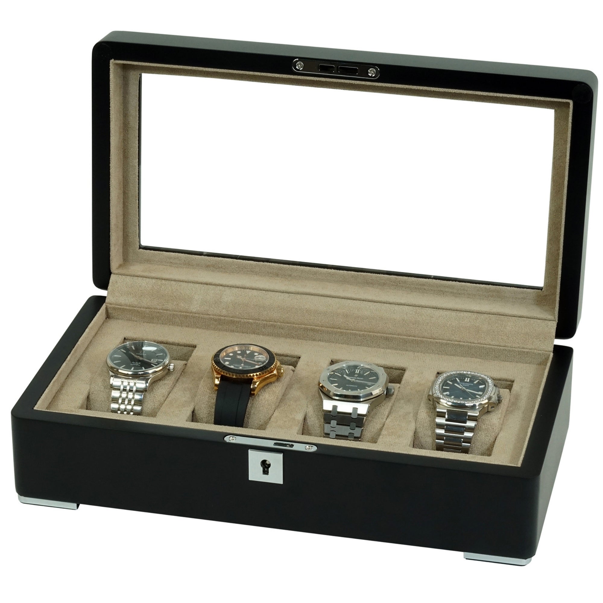 4 Slot Black Wooden Watch Box with Cream Interior