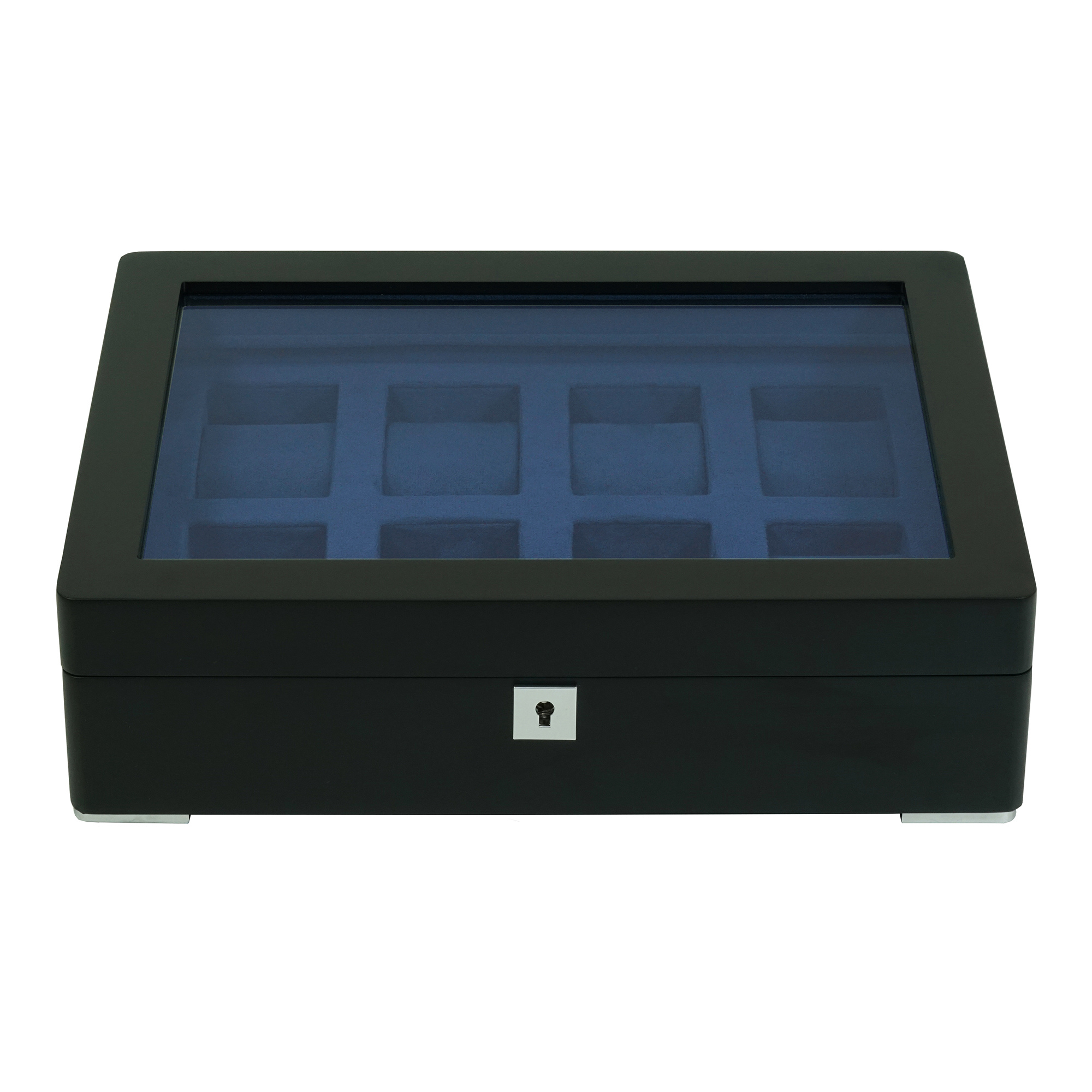 8 Slot Black Wooden Watch Box with Blue Interior