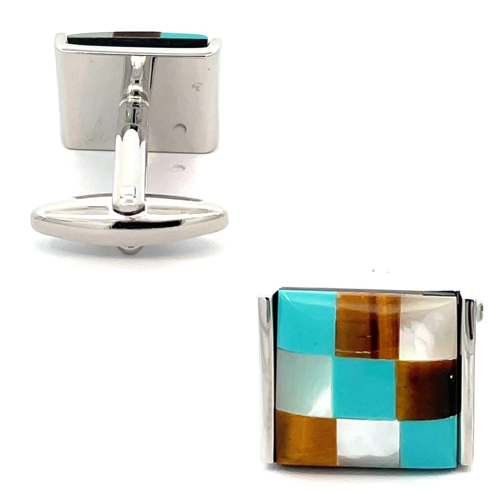 Patchwork Catseye Cufflinks: Brown, Aqua, White