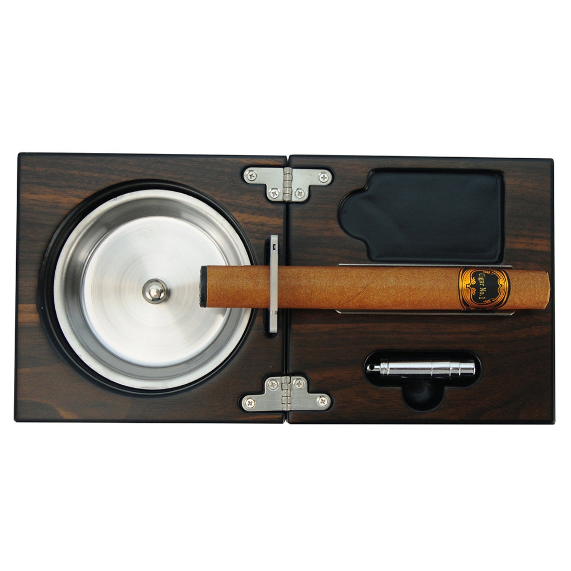 Walnut Wooden Foldable Cigar Ashtray with Cigar Cutter