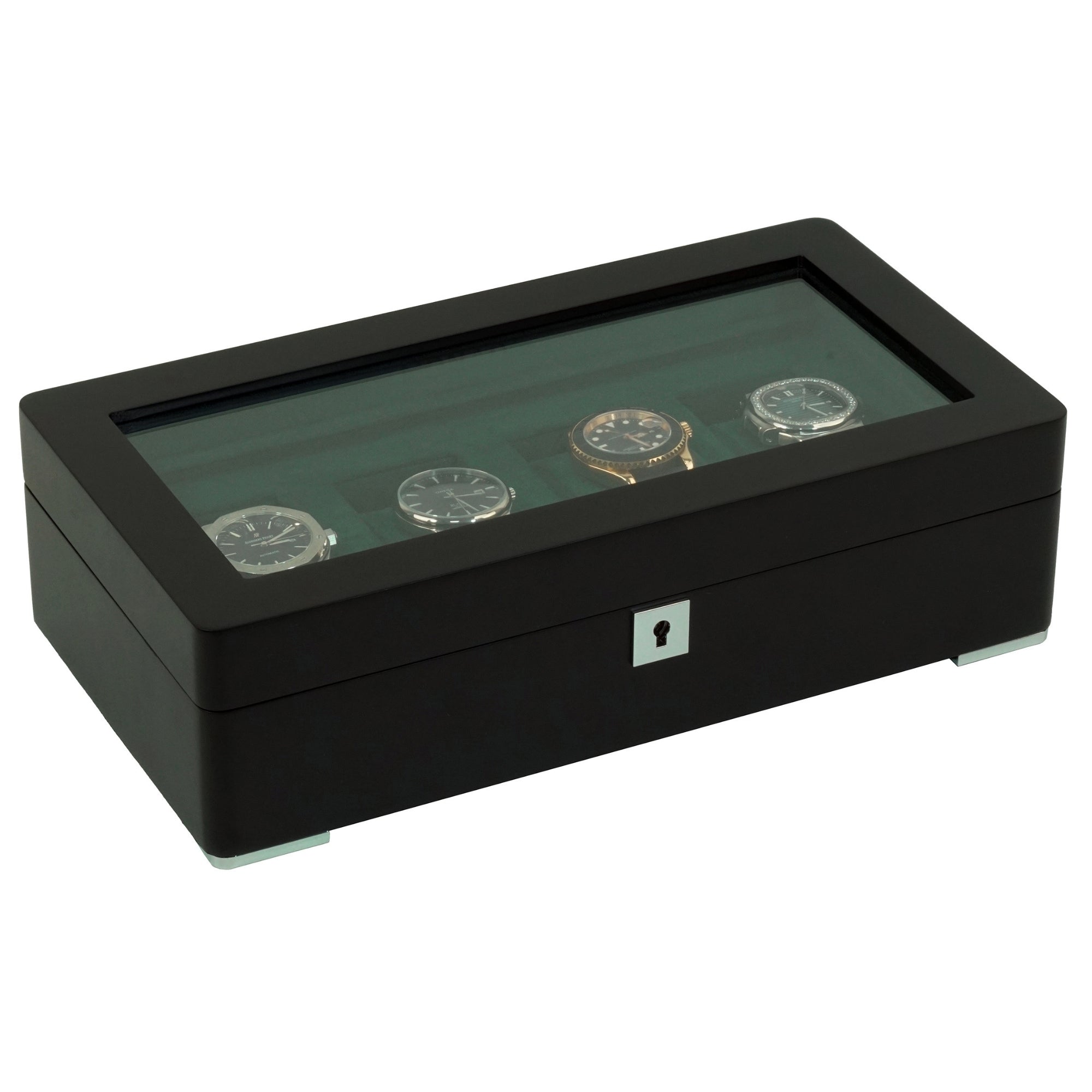 4 Slot Black Wooden Watch Box with Green Interior
