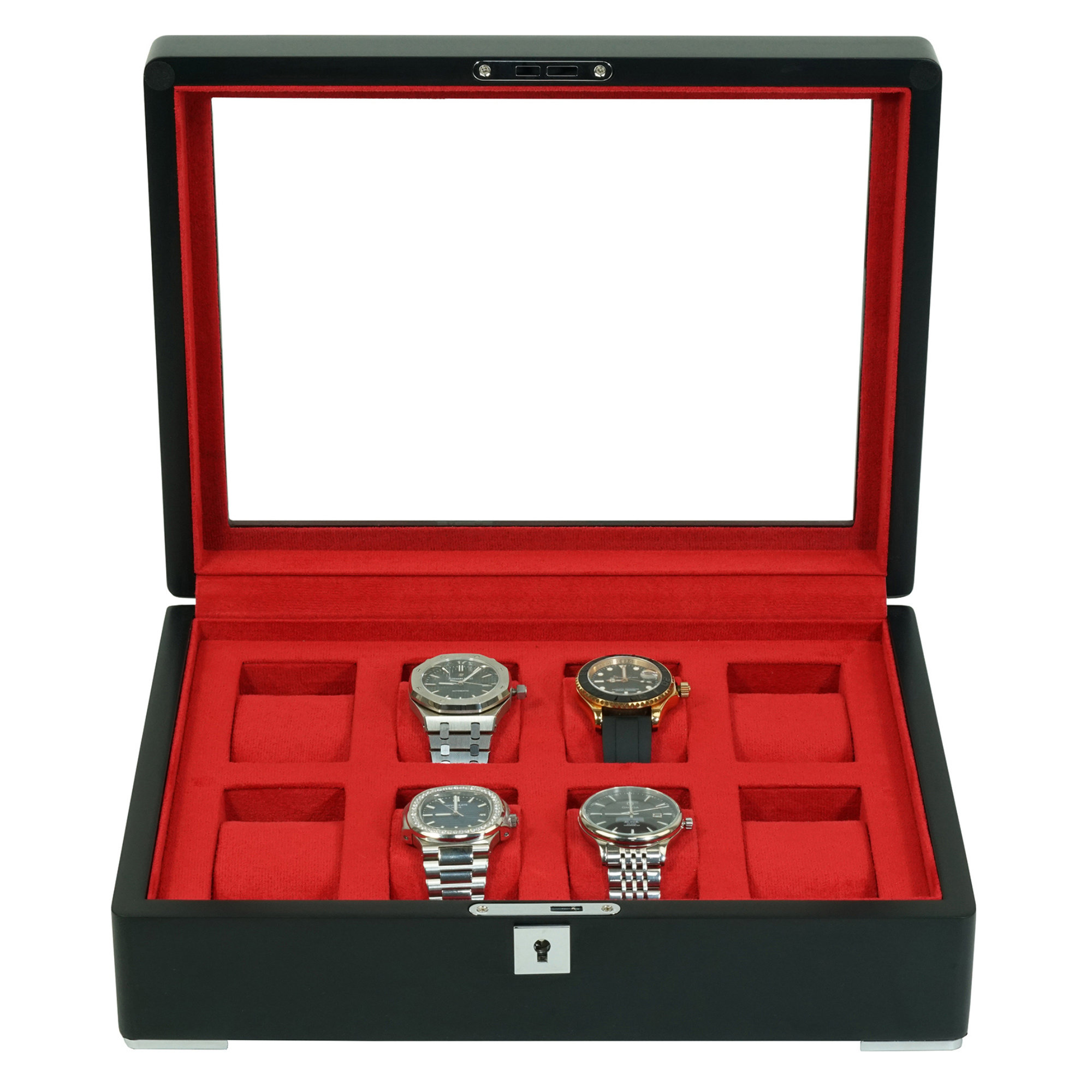 8 Slot Black Wooden Watch Box with Red Interior