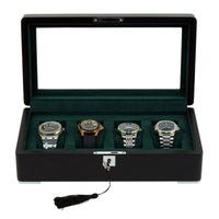 4 Slot Black Wooden Watch Box with Green Interior