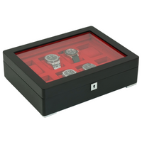 8 Slot Black Wooden Watch Box with Red Interior