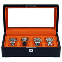 4 Slot Black Wooden Watch Box with Orange Interior