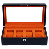 4 Slot Black Wooden Watch Box with Orange Interior