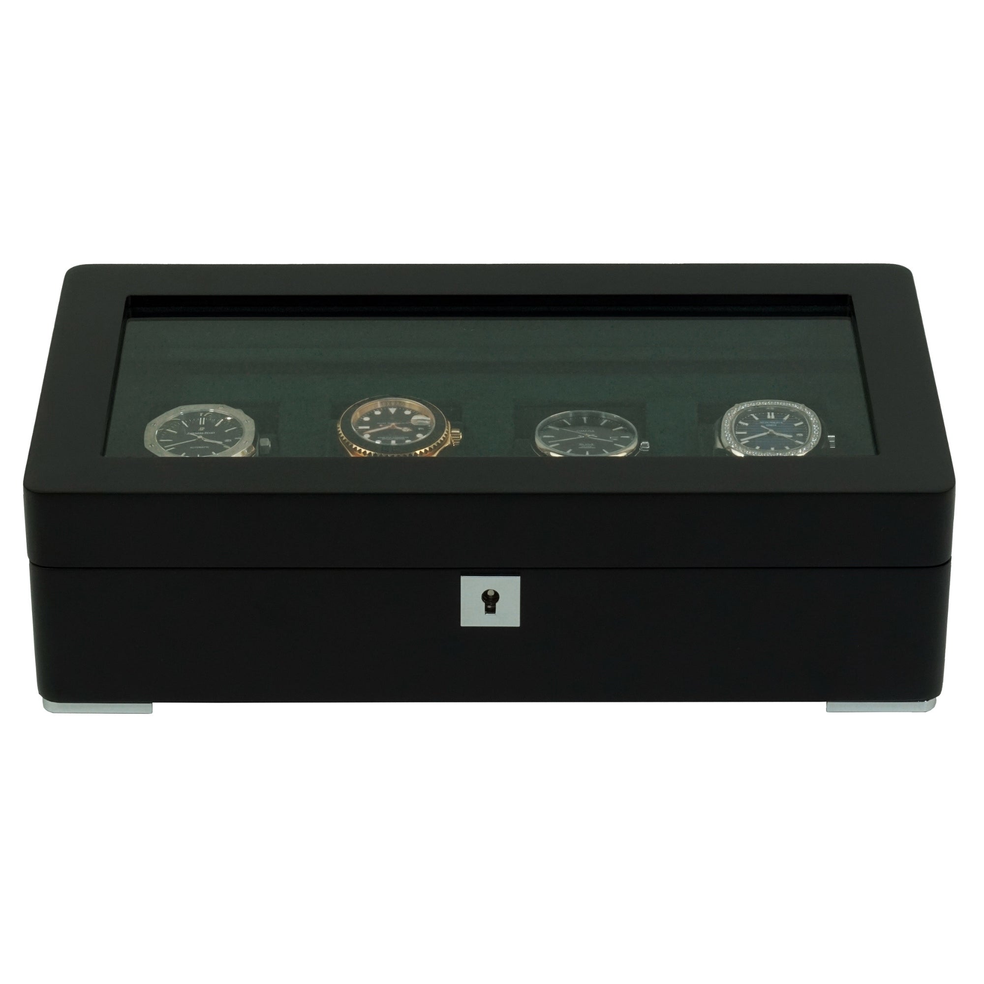 4 Slot Black Wooden Watch Box with Green Interior
