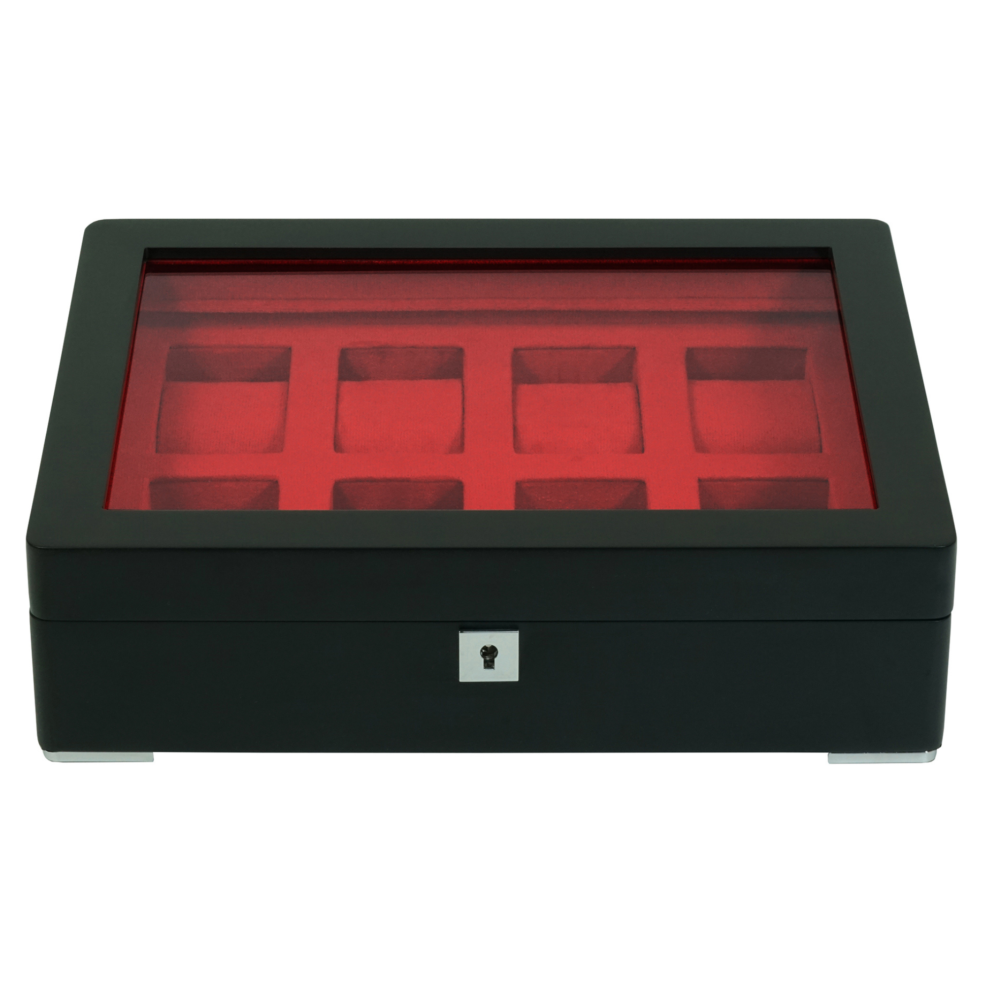 8 Slot Black Wooden Watch Box with Red Interior