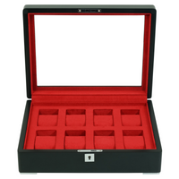 8 Slot Black Wooden Watch Box with Red Interior