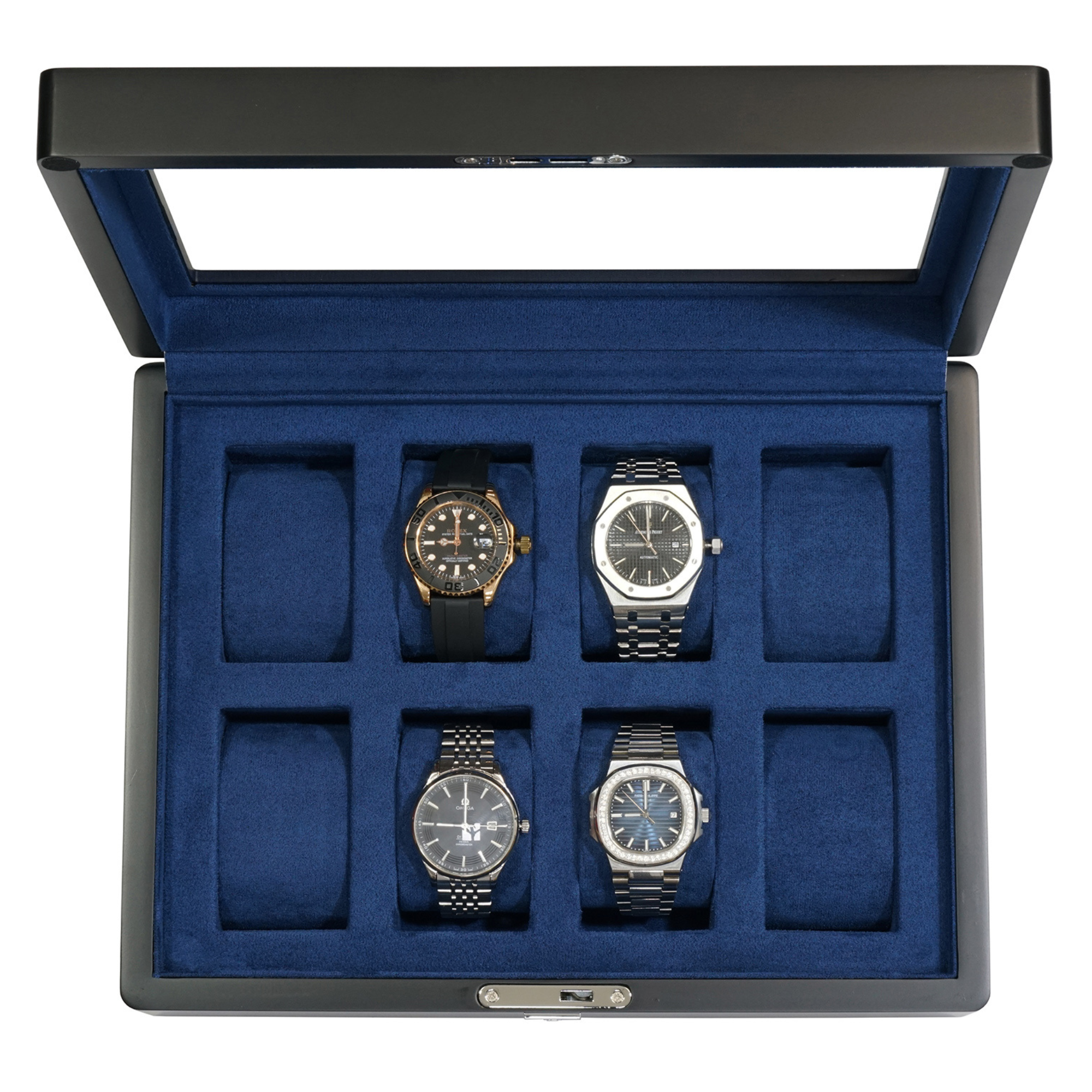 8 Slot Black Wooden Watch Box with Blue Interior