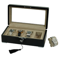 4 Slot Black Wooden Watch Box with Cream Interior