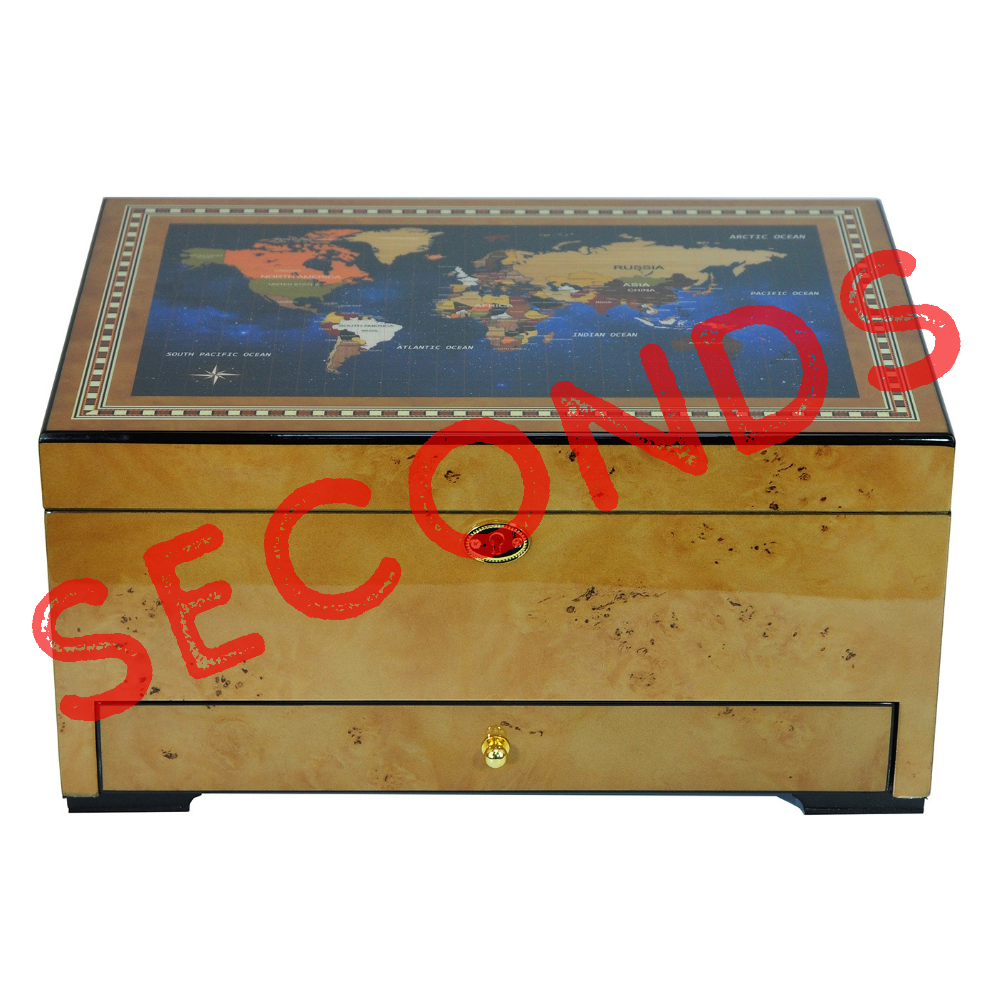 Seconds - 100 CT World Map Burl Cigar Humidor Spanish Cedar Box for Cigars (A)