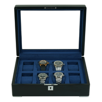 8 Slot Black Wooden Watch Box with Blue Interior