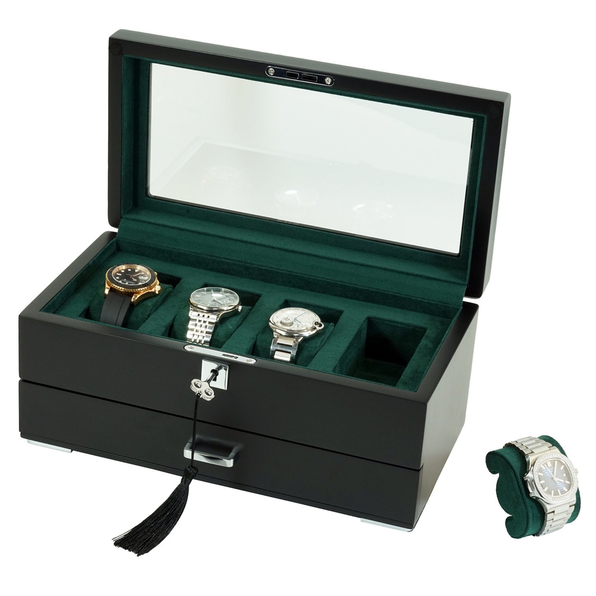 4 Slots Wooden Watch Box with Green Interior and Drawer