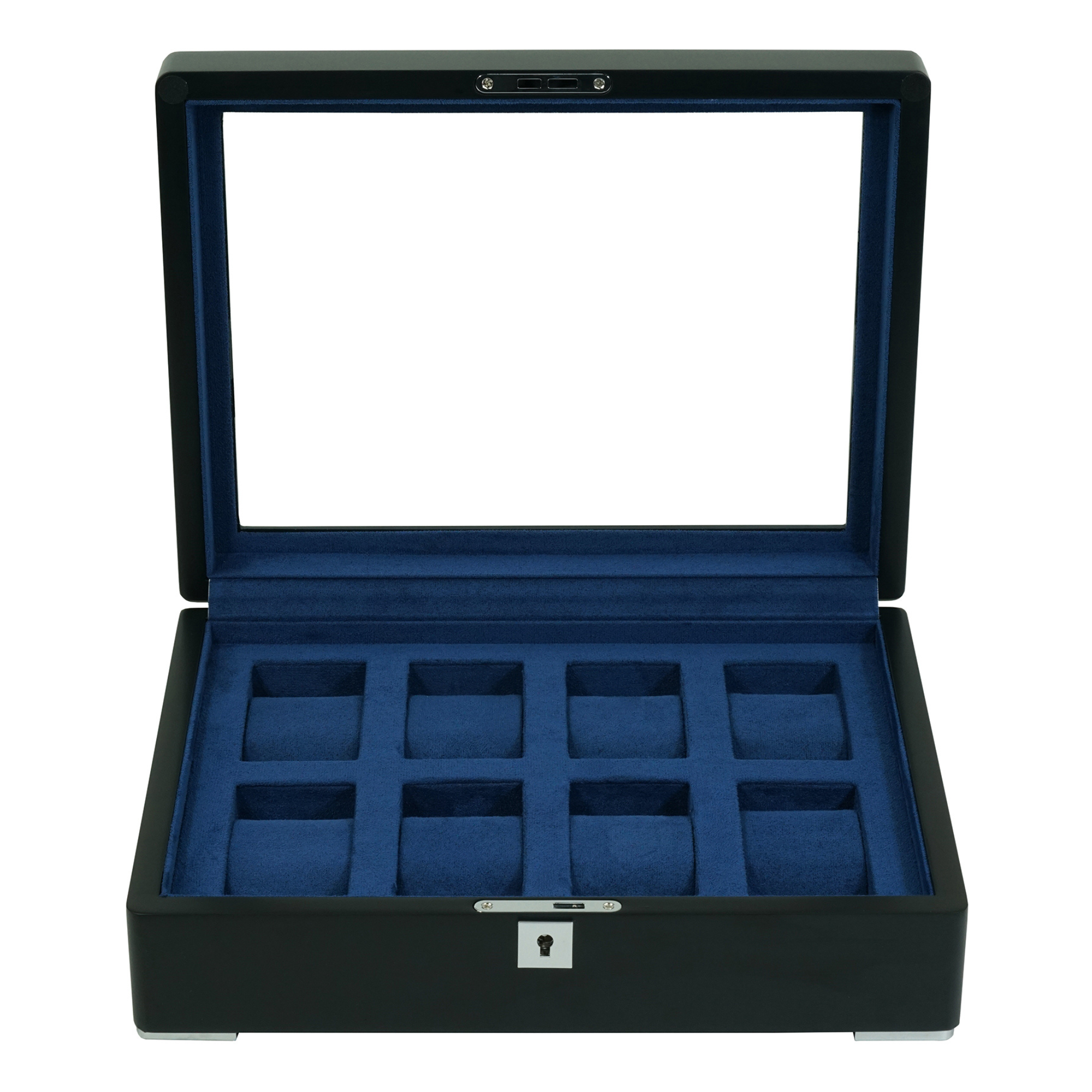 8 Slot Black Wooden Watch Box with Blue Interior