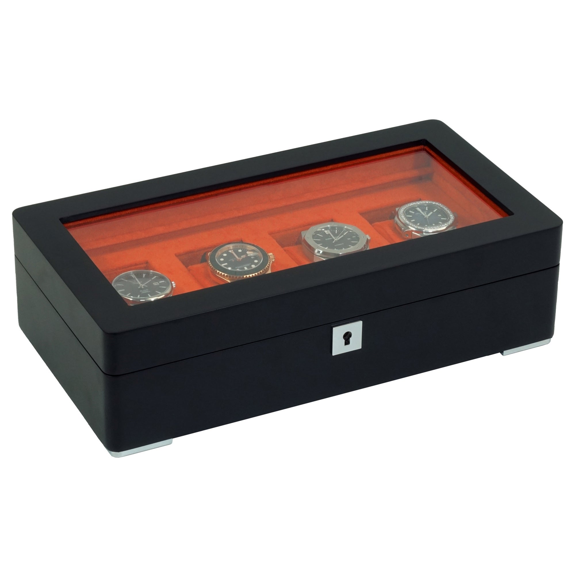 4 Slot Black Wooden Watch Box with Orange Interior