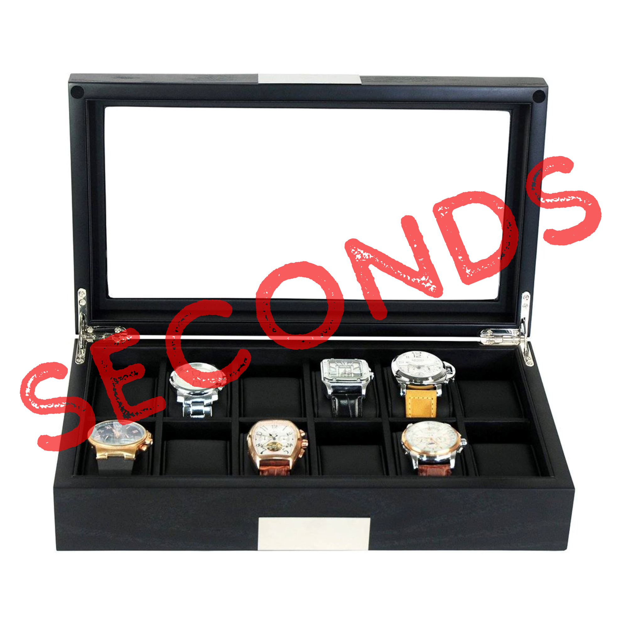 Seconds - 12 Slots Black Wooden Watch Box (B)