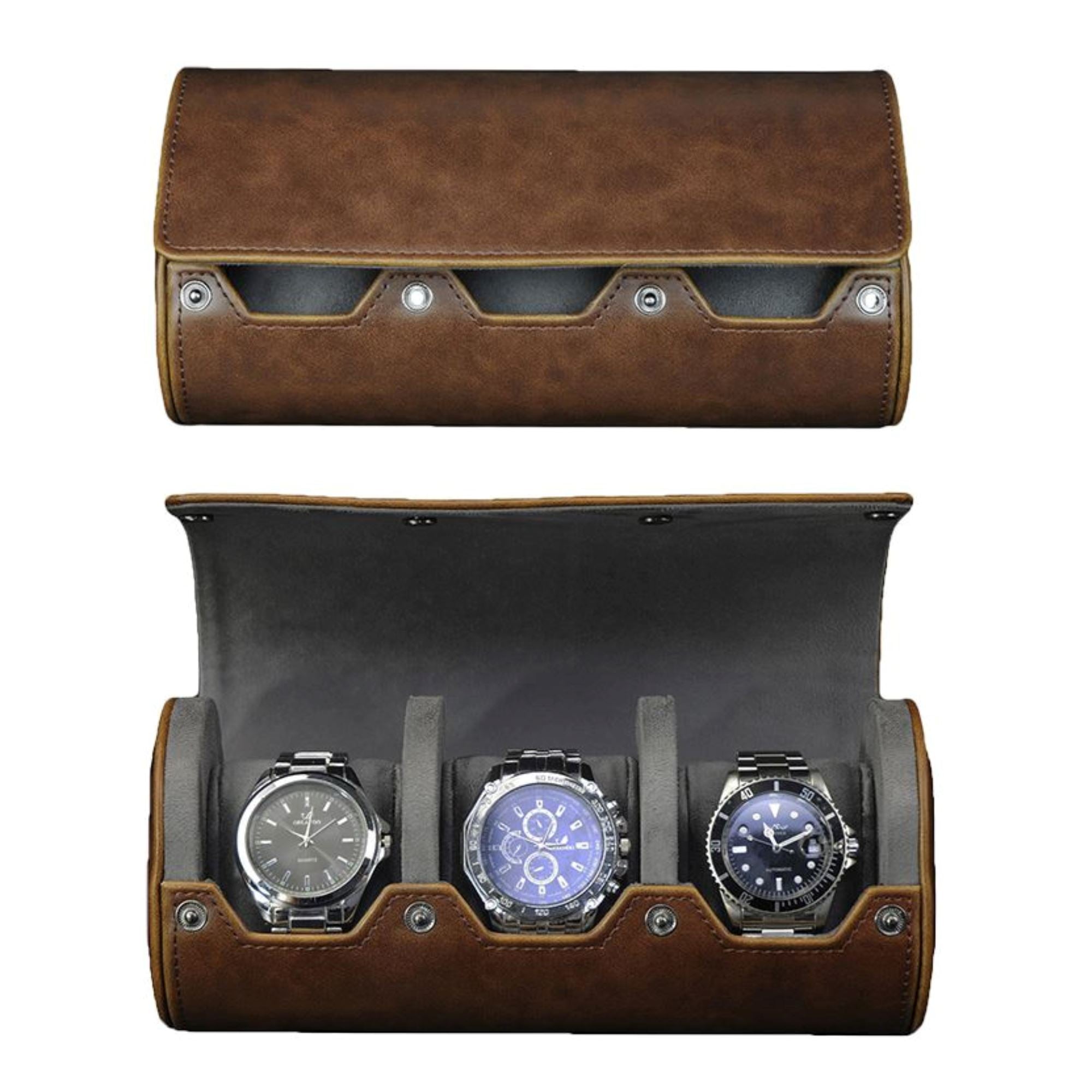 Watch Roll Case for 3 in Brown Vegan Leather Watch Boxes Clinks