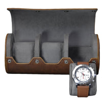 Watch Roll Case for 3 in Brown Vegan Leather Watch Boxes Clinks