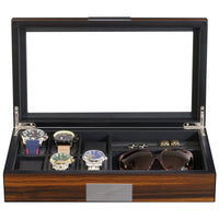 6 Slots Watch Box with Cufflinks and Sunglasses Storage in Ebony Wood Watch Boxes Clinks