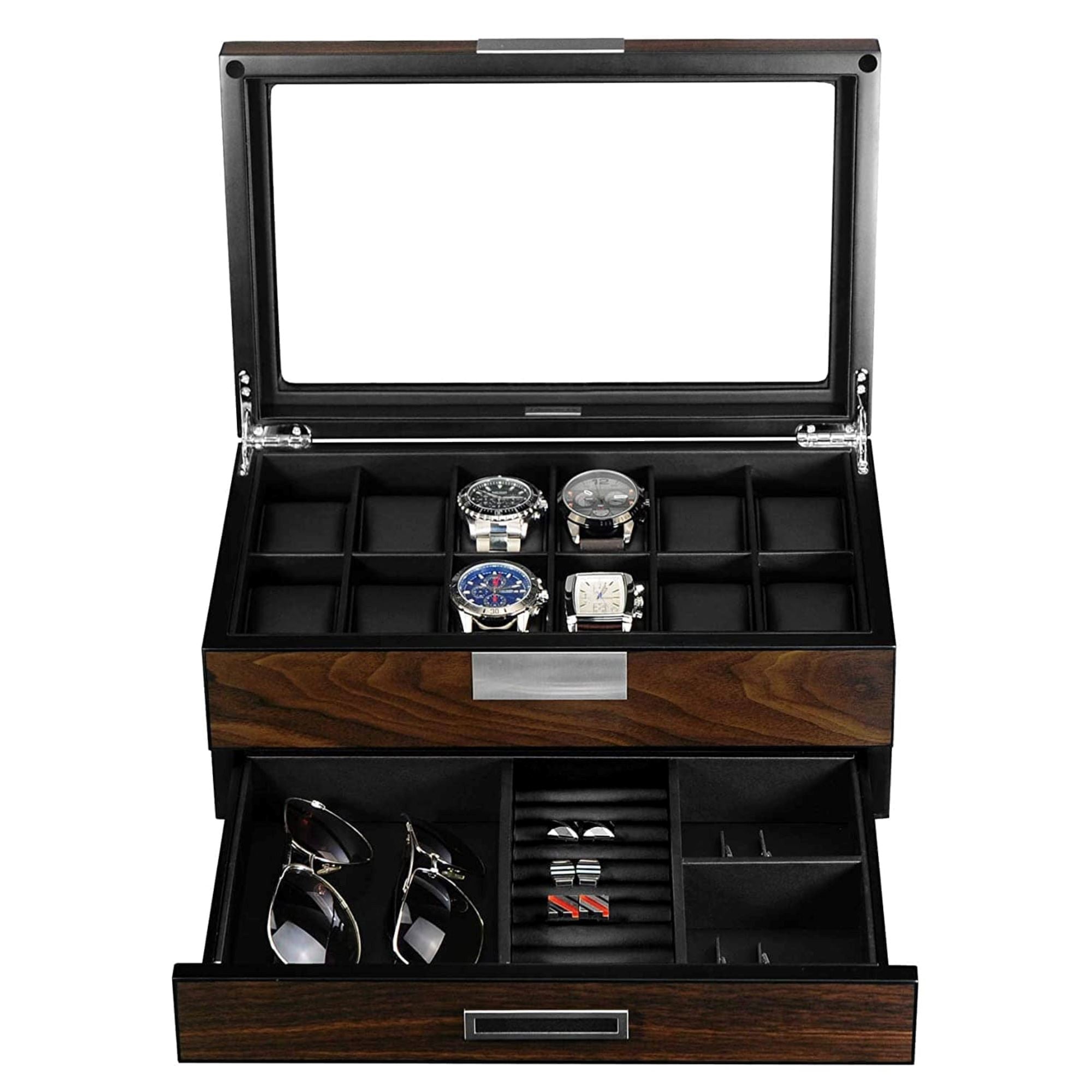 12 Slots Watch Box with Drawer in Ebony Wood Watch Boxes Clinks
