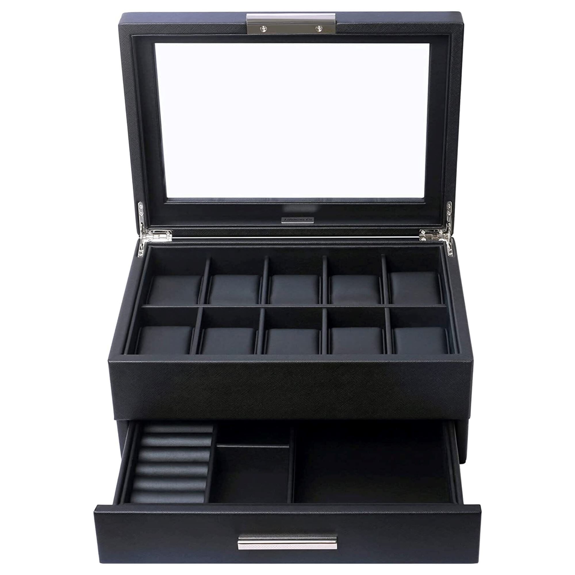 10 Slots Watch Box with Drawer in Black Watch Boxes Clinks
