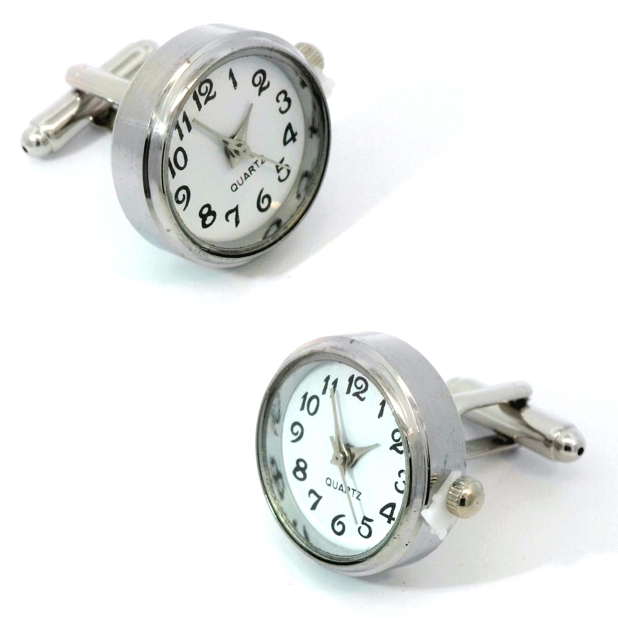 Round White Faced Working Clock Watch Silver Cufflinks