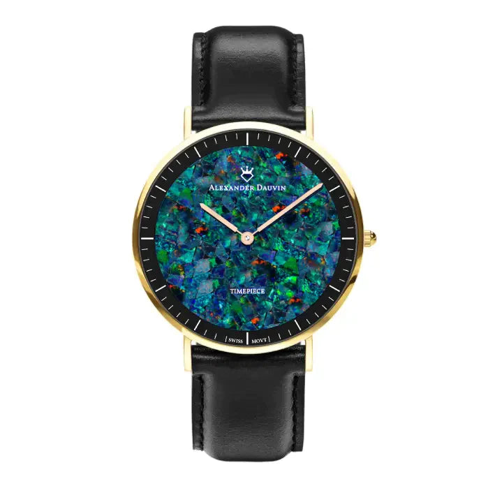 Roland Pedy Red Swiss Opal Watch 40MM with Black Leather Strap