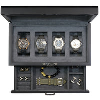 4 Slots Wooden Watch Box with Charcoal Interior and Drawer