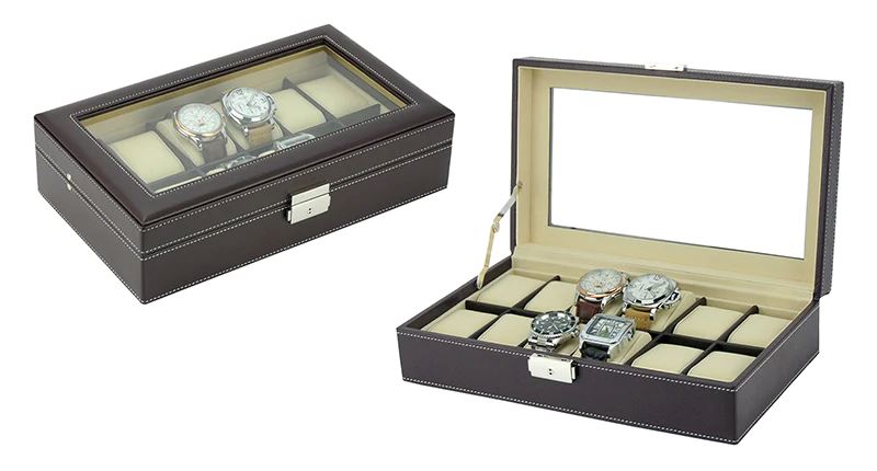 Dark Brown Leather Watch Box for 12 Watches Watch Boxes Clinks
