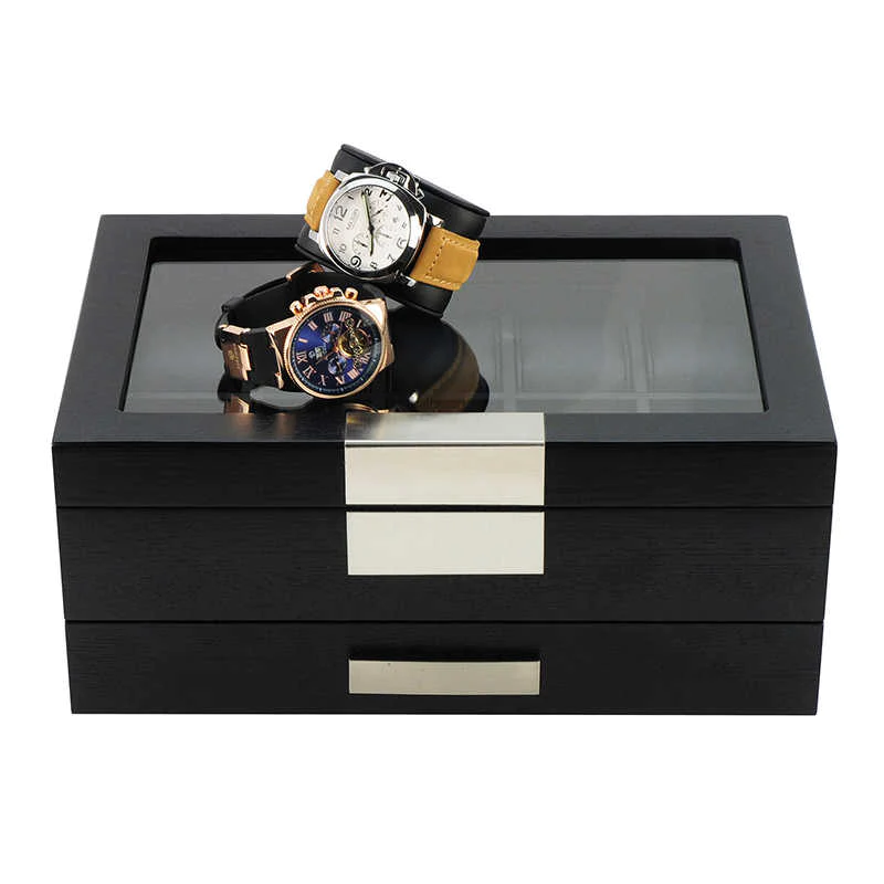 Seconds - Black Wooden Watch Box for 10 Watches with a Drawer (D)