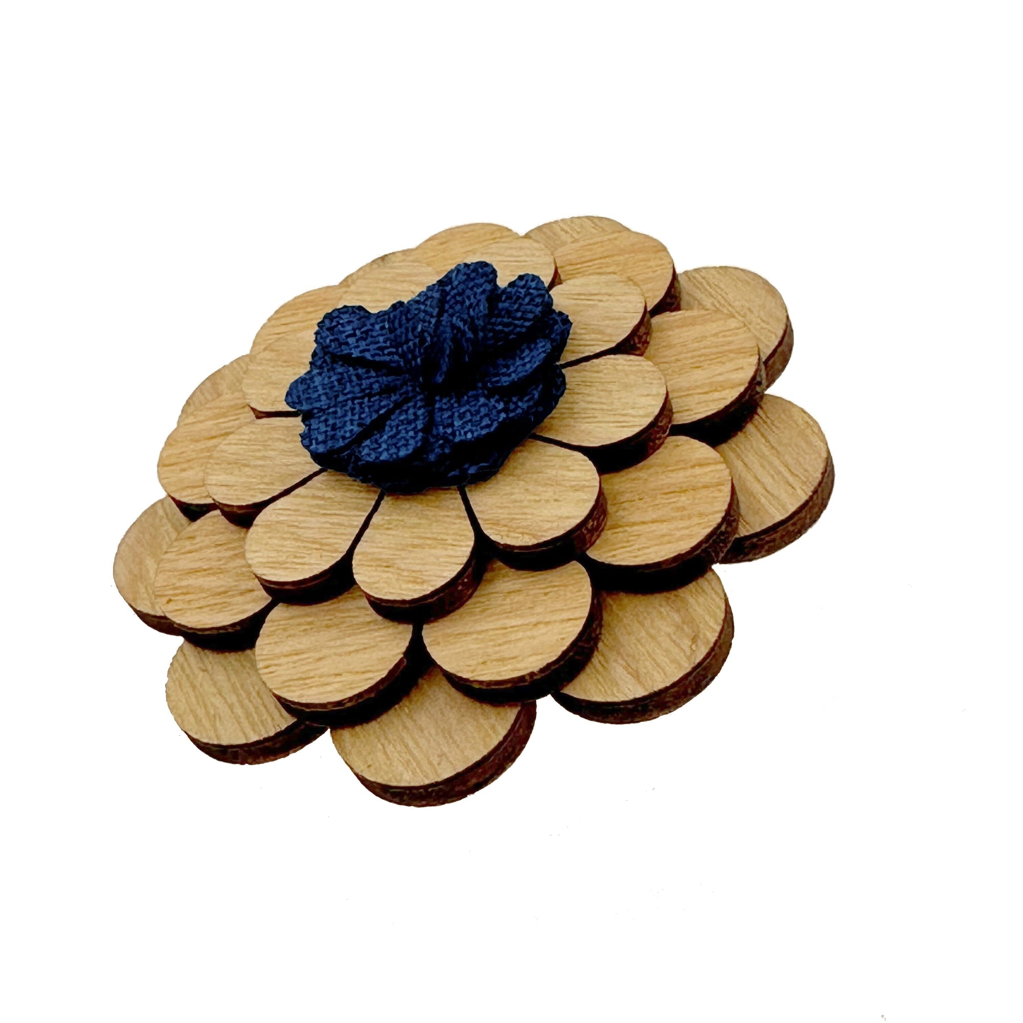 Wooden Flower with Blue Fabric Centre Lapel Pin Lapel Pin Clinks