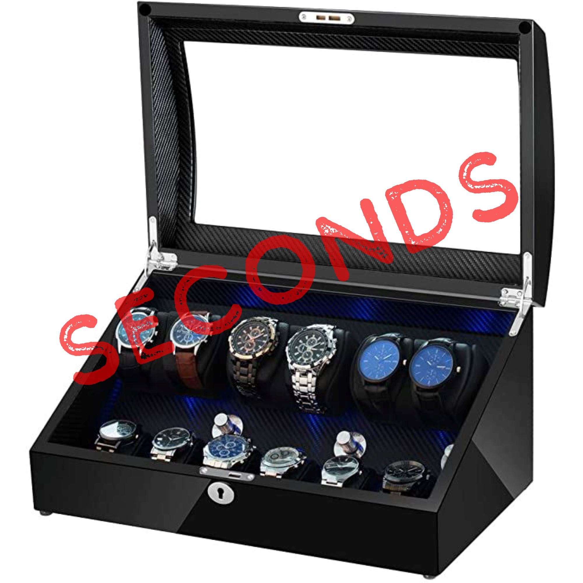 Seconds - Avoca Watch Winder Box 6 + 6 Watches in Black with Carbon Fibre Interior (a) Seconds Clinks