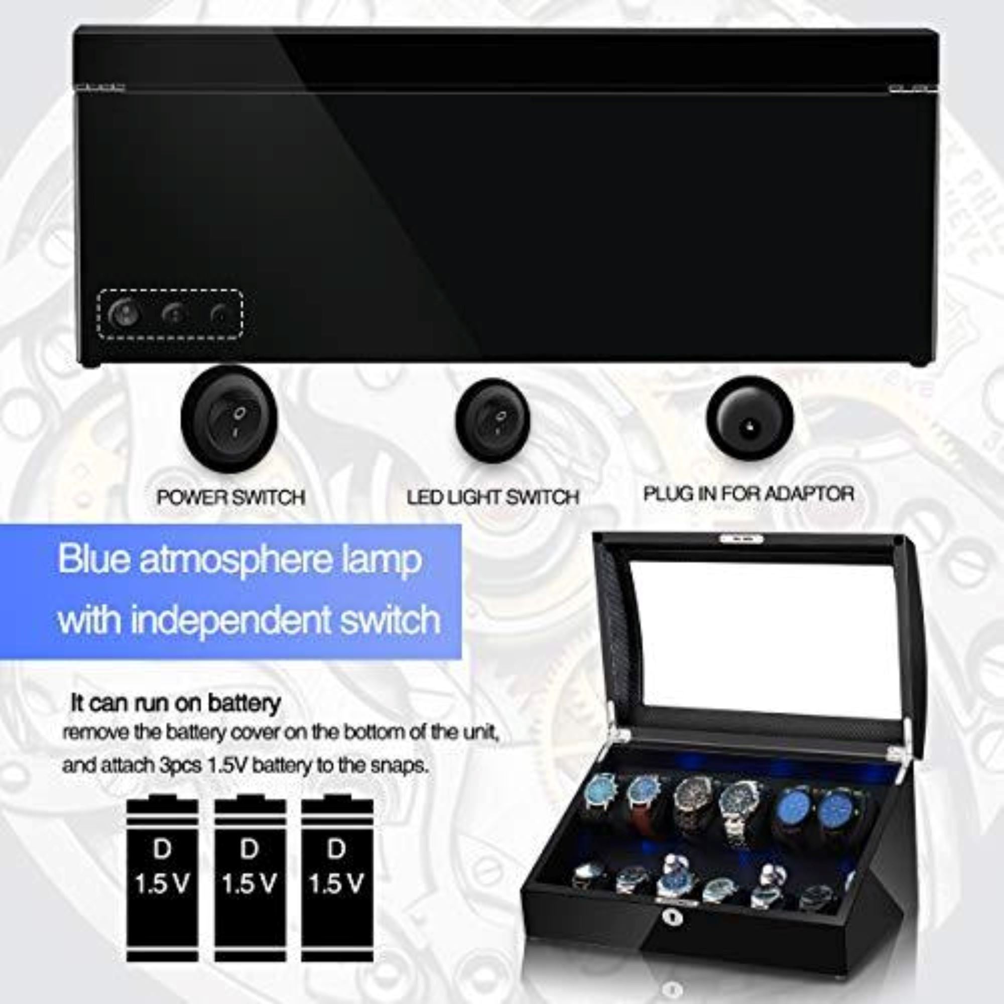 Seconds - Avoca Watch Winder Box 6 + 6 Watches in Black with Carbon Fibre Interior (a) Seconds Clinks