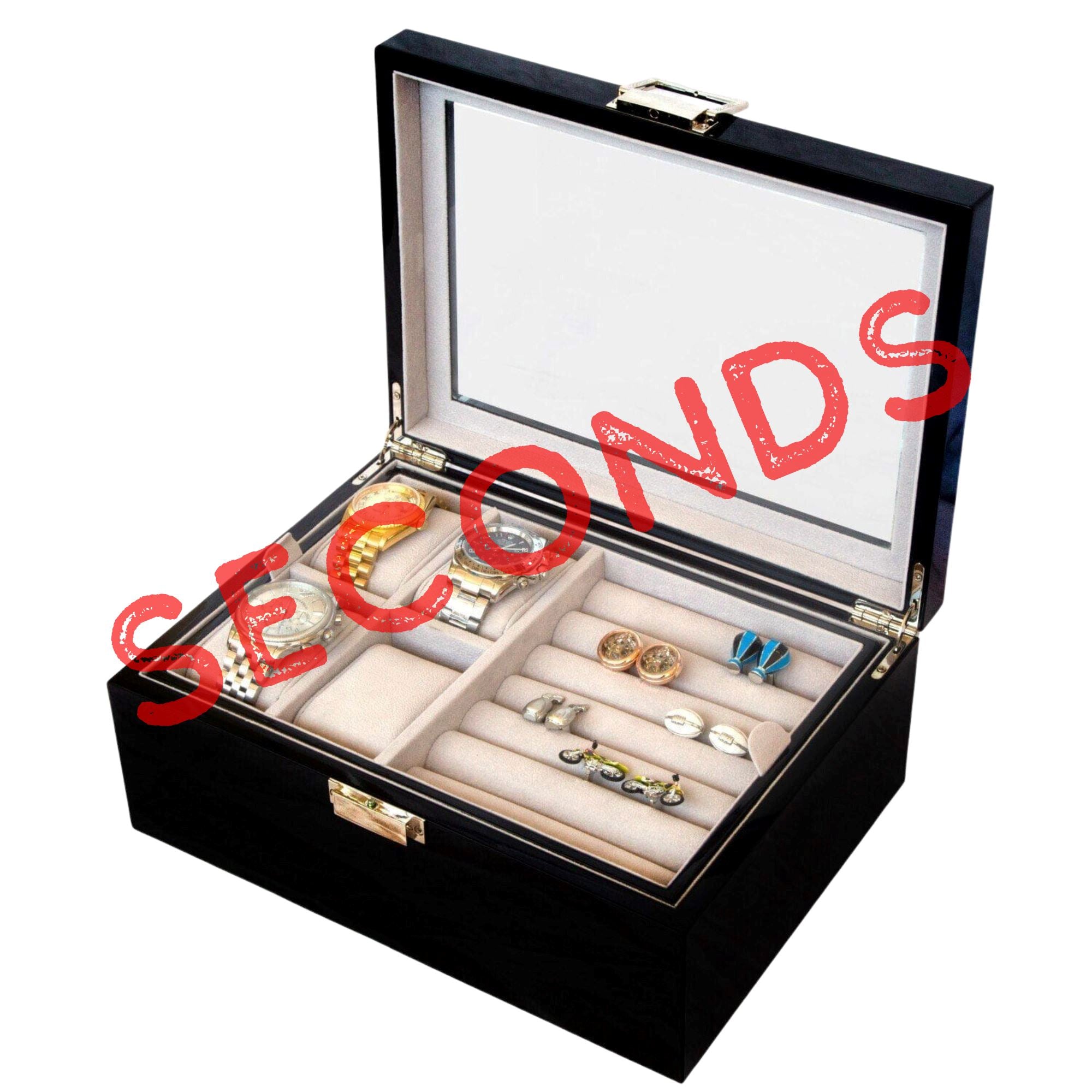Seconds - 50 Pair Cufflink and Watch Box Double Decker Black Seconds Clinks