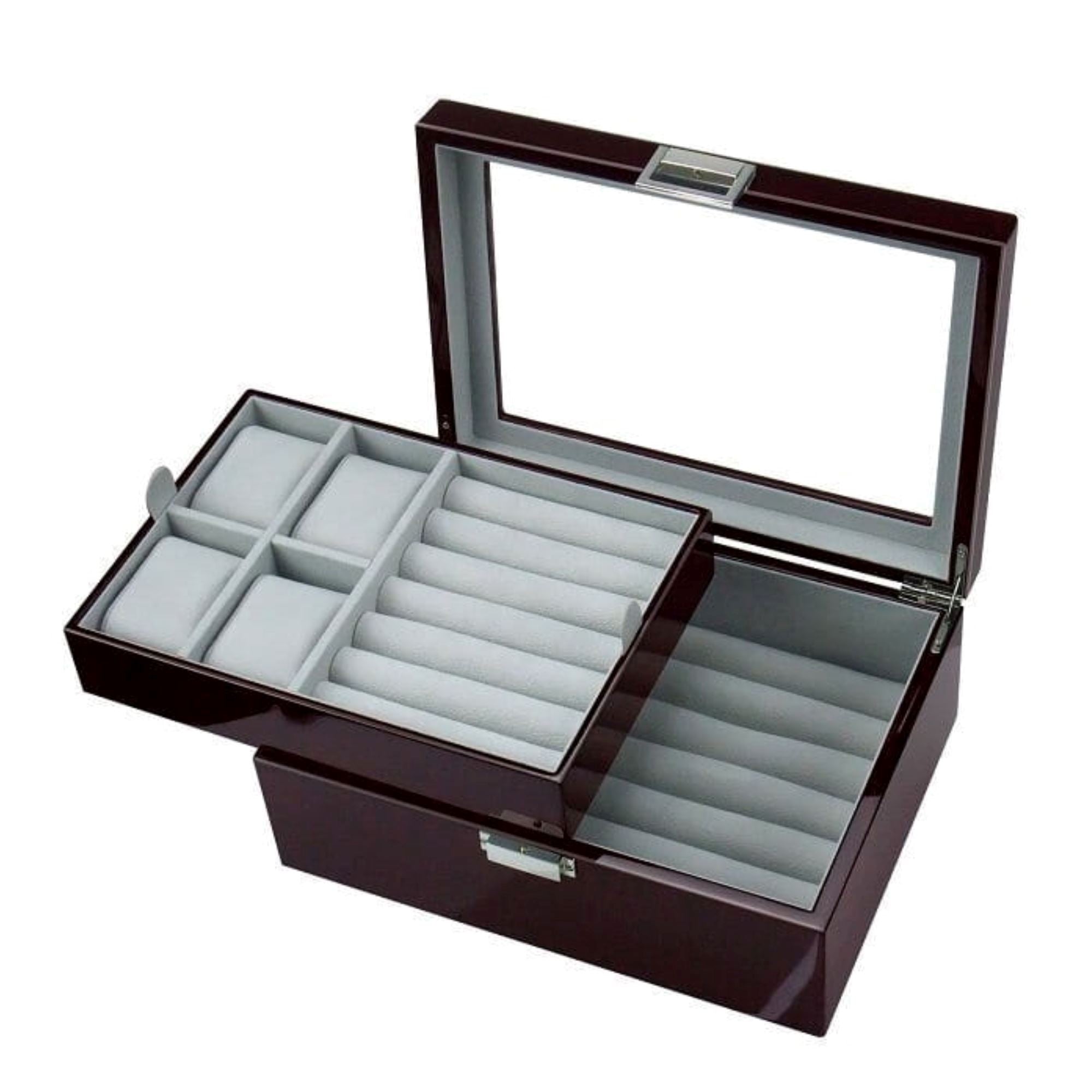 Seconds - 50 Pair Cufflink and Watch Box Double Decker Mahogany (a) Seconds Clinks