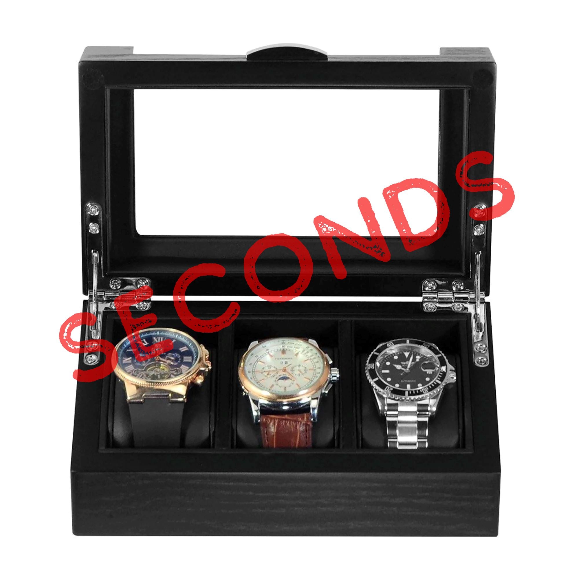 Seconds - 3 Slots Black Wooden Watch Box Seconds Clinks