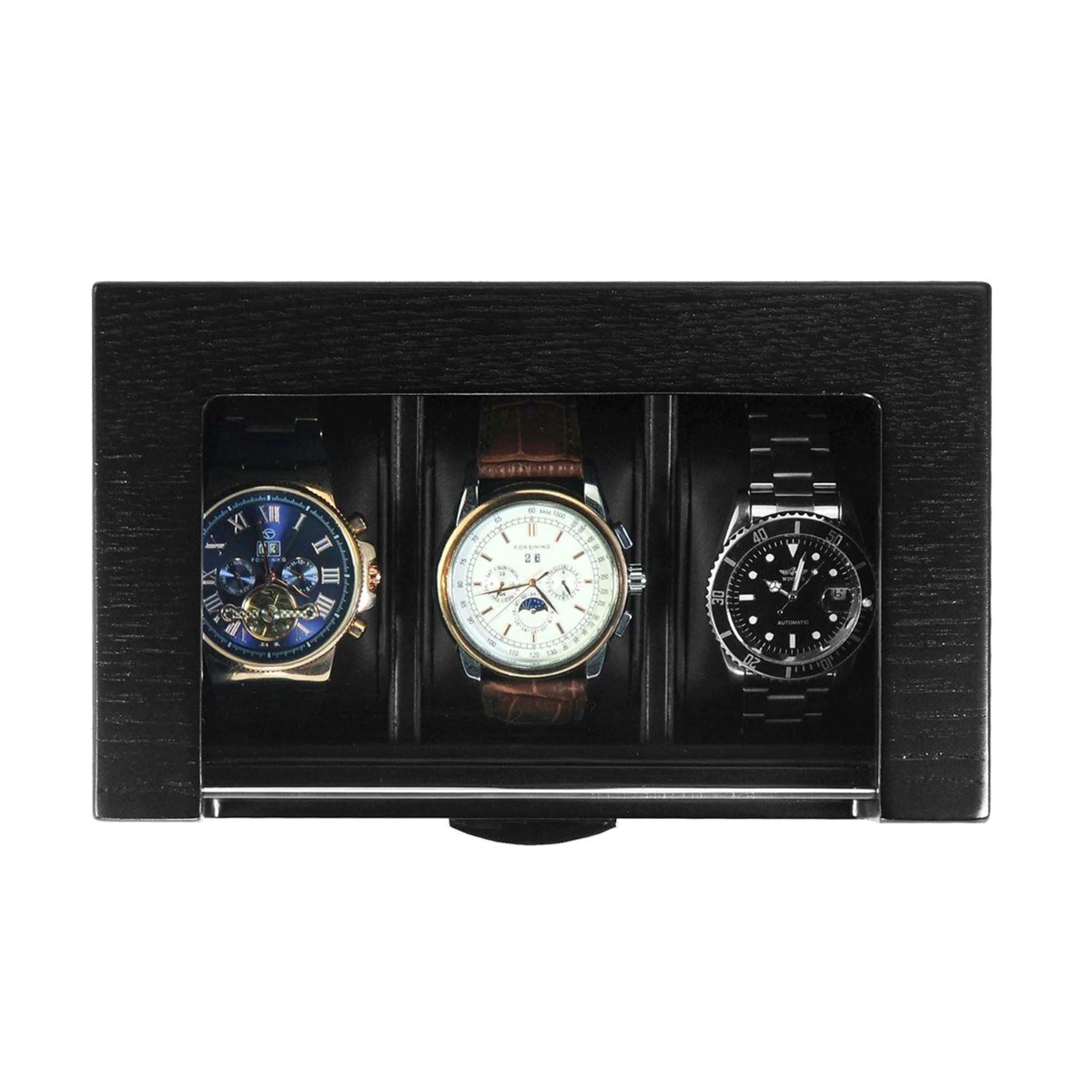 Seconds - 3 Slots Black Wooden Watch Box Seconds Clinks
