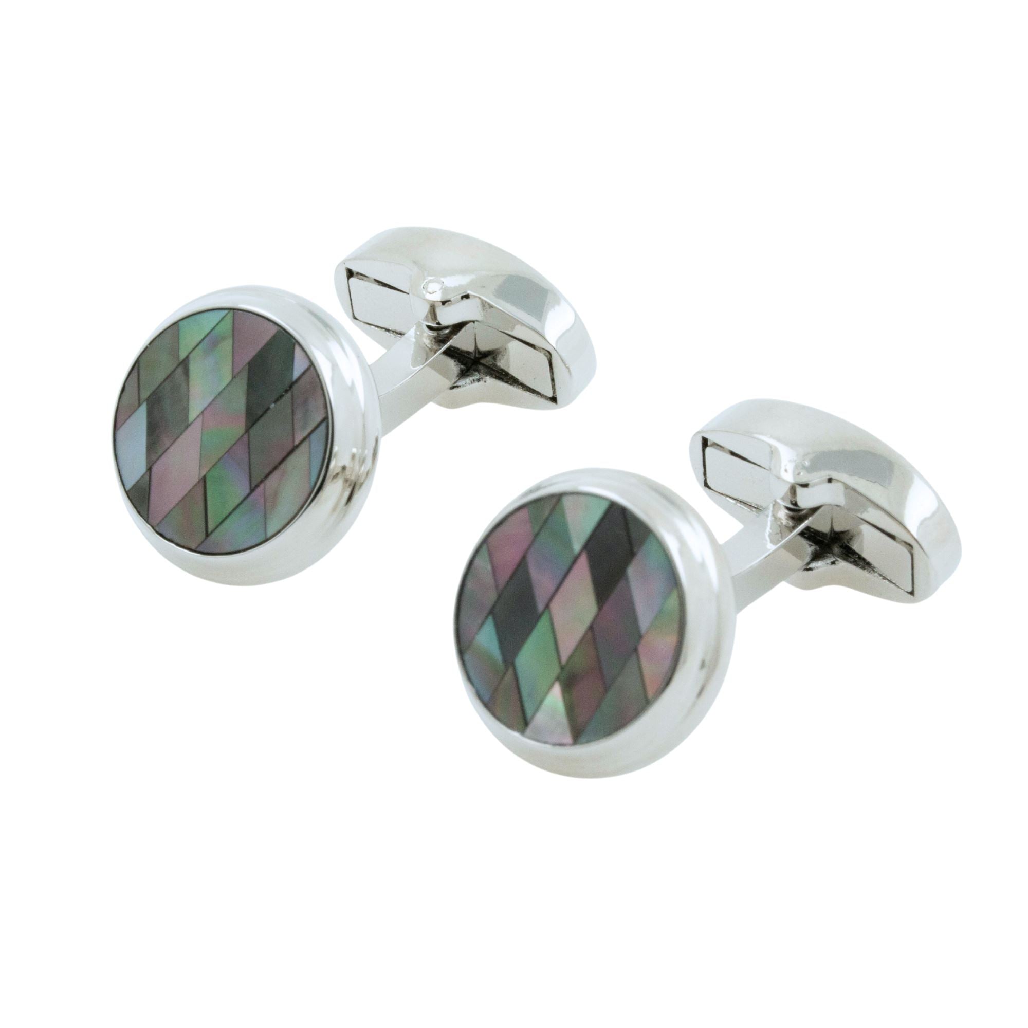 Black Diamond Mosaic Mother of Pearl in Round Silver Cufflinks Classic & Modern Cufflinks Clinks Australia
