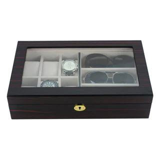 Ebony Wooden Watch Box for 6 Watches + 3 Sunglasses Watch Boxes Clinks