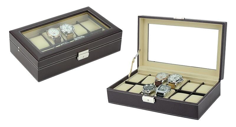Dark Brown Leather Watch Box for 12 Watches Watch Boxes Clinks