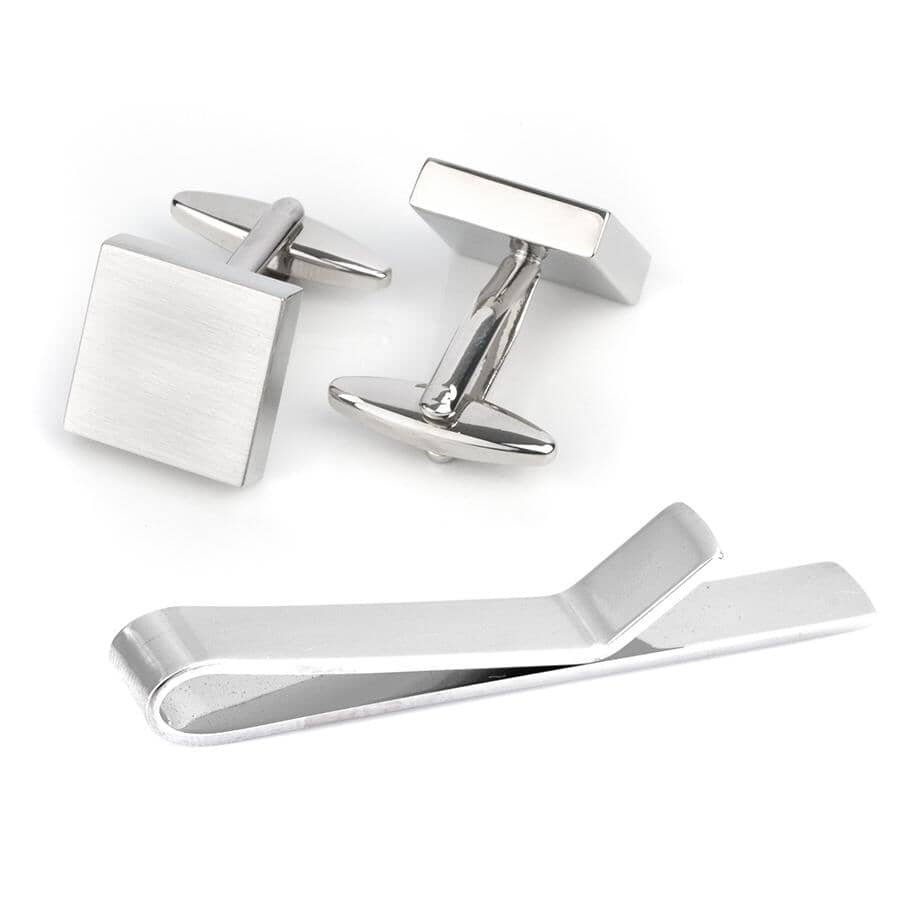 Brushed Silver Cufflinks & Tie Bar Set Gift Set Clinks Australia Default