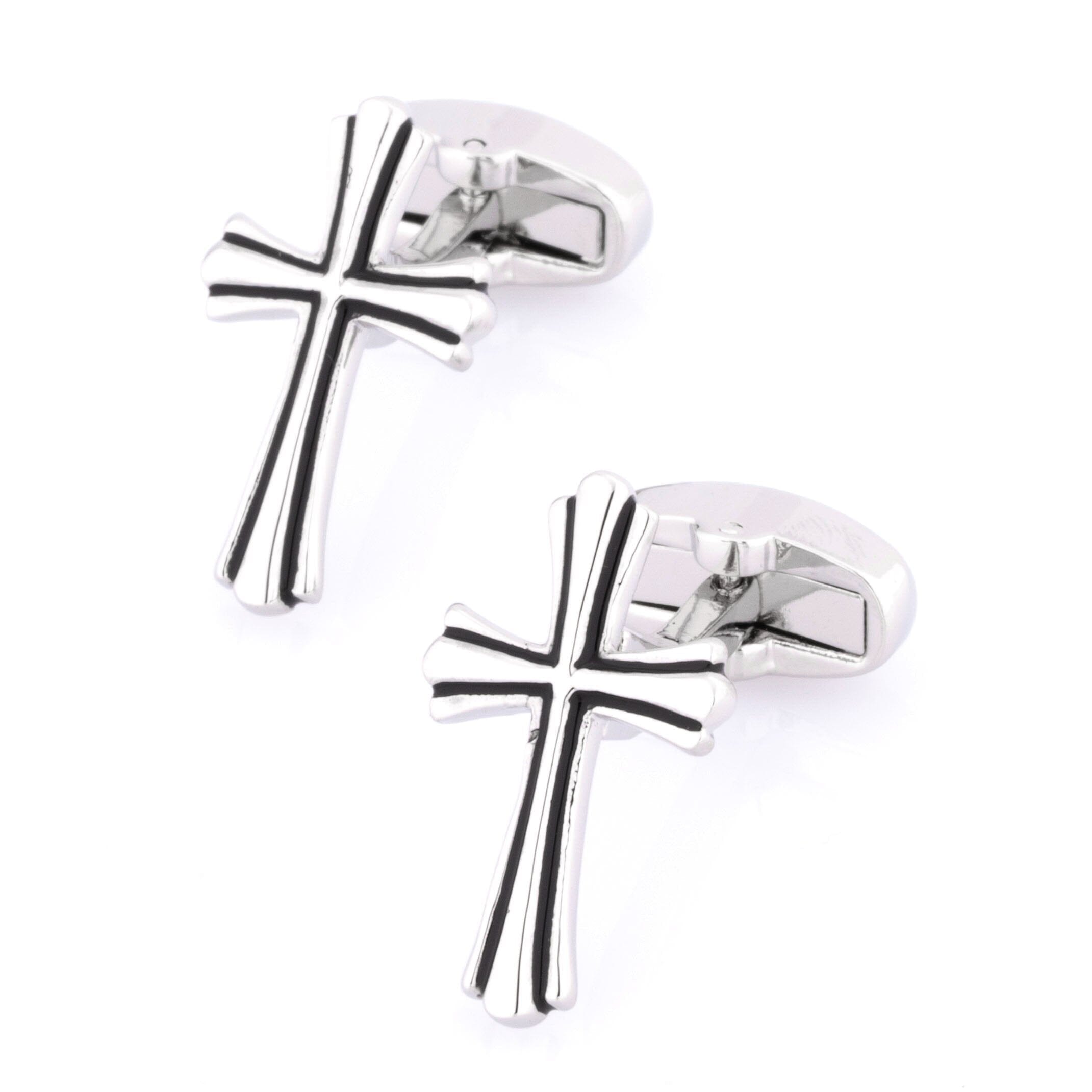 Fleurie Cross Silver & Black Enamel Cufflinks Novelty Cufflinks Clinks Australia Fleurie Cross Silver & Black Enamel Cufflinks