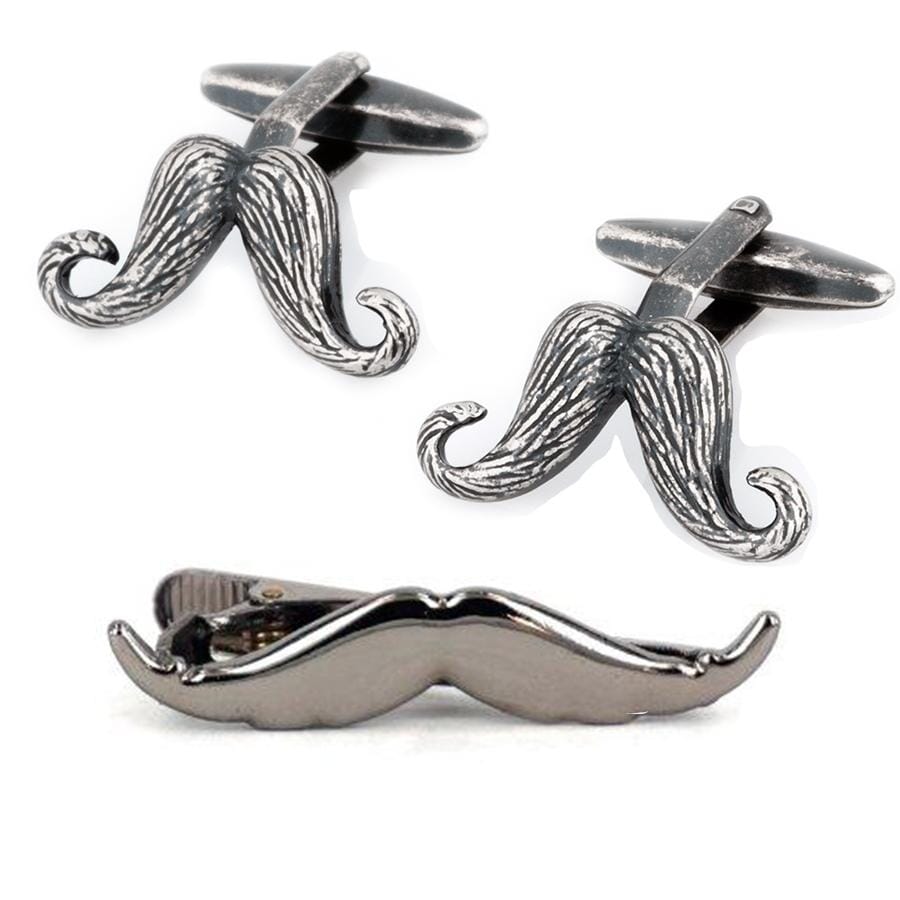Vintage Moustache Cufflinks & Gunmetal Tie Clip Set Gift Set Clinks Australia Default