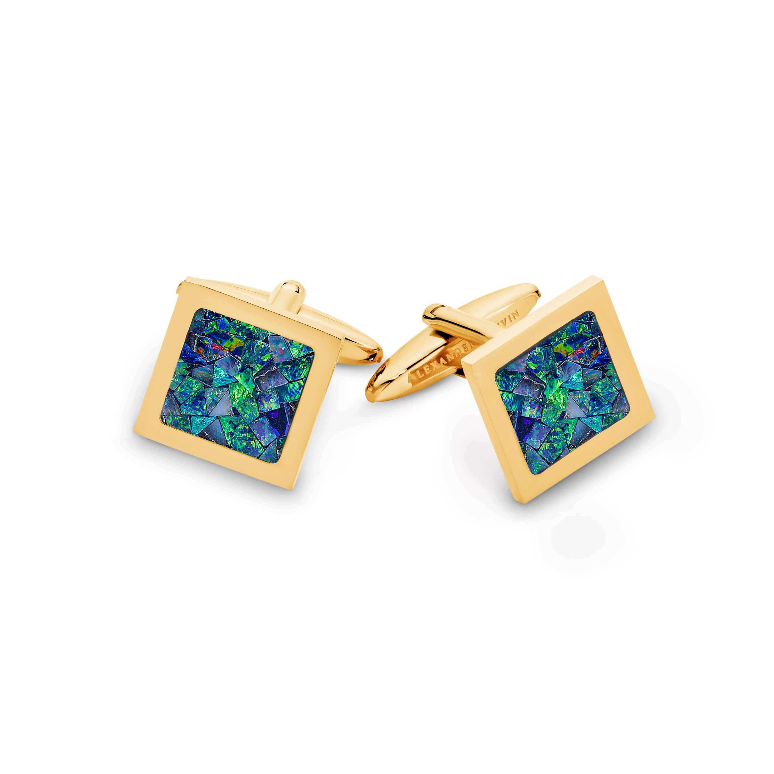 Australian Square Opal Cufflinks (Green Yellow Gold) Classic & Modern Cufflinks Clinks Australia Default