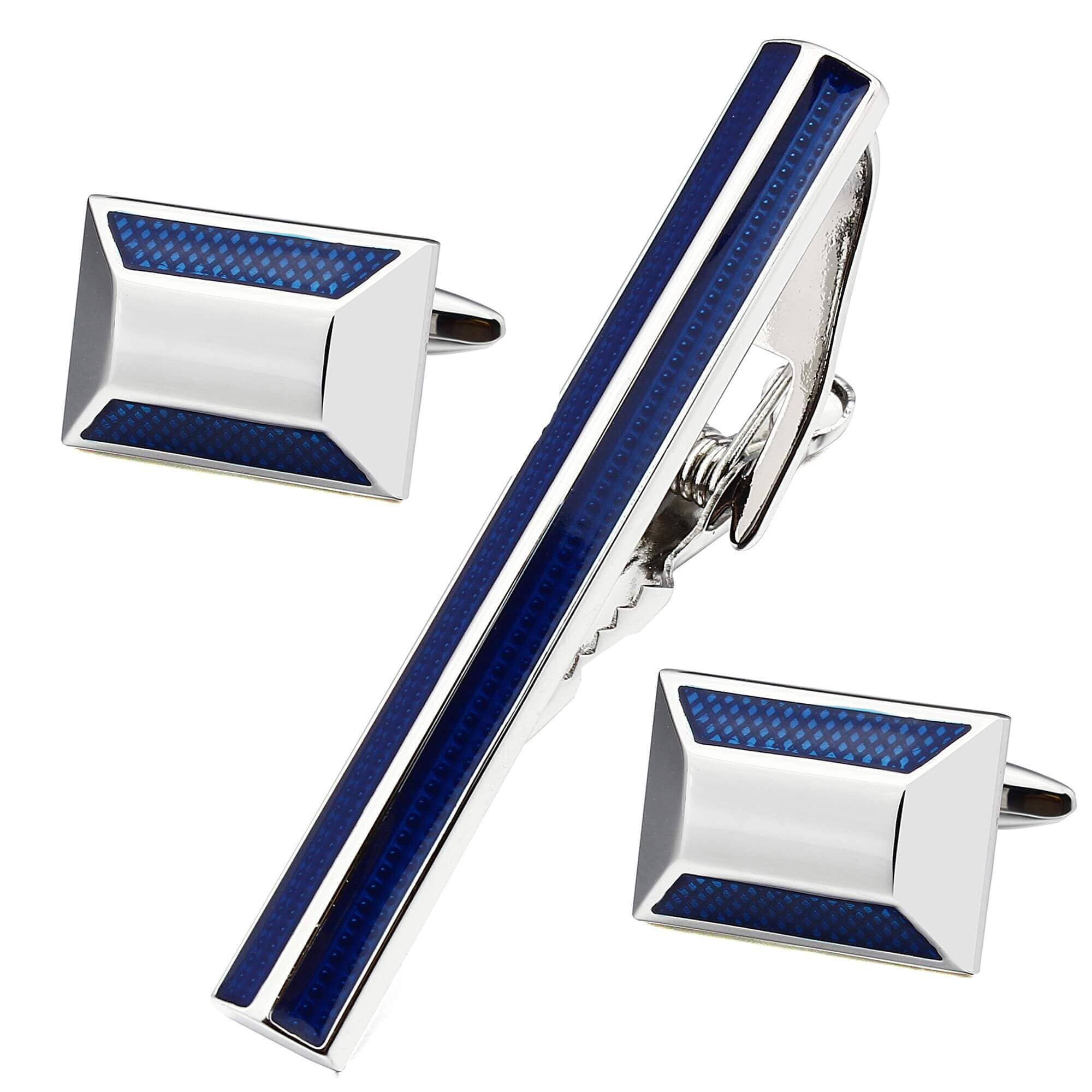Textured Blue and Silver Cufflink and Tie Clip Set Gift Set Clinks Australia 
