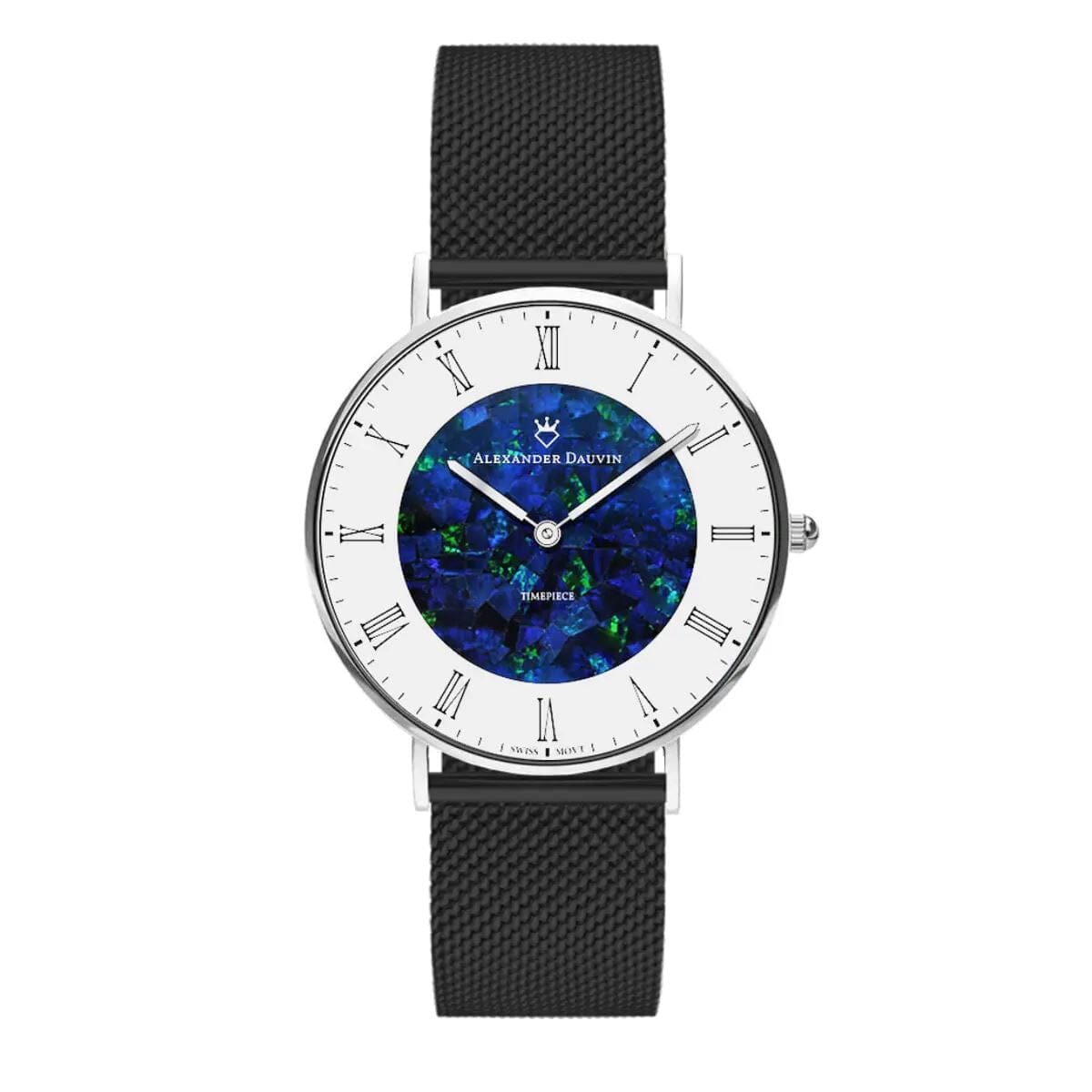 Romano Cliff Blue Swiss Opal Watch 36MM with Black Mesh Strap Watches Clinks 