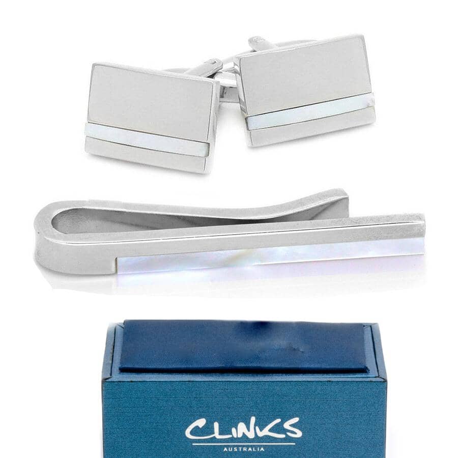 Silver Mother of Pearl Cufflinks & Tie Bar Set Gift Set Clinks Australia