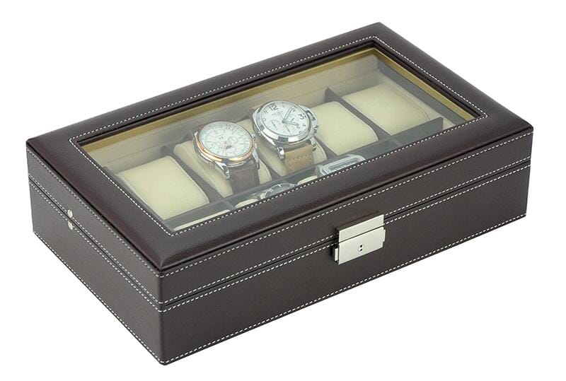 Dark Brown Leather Watch Box for 12 Watches Watch Boxes Clinks
