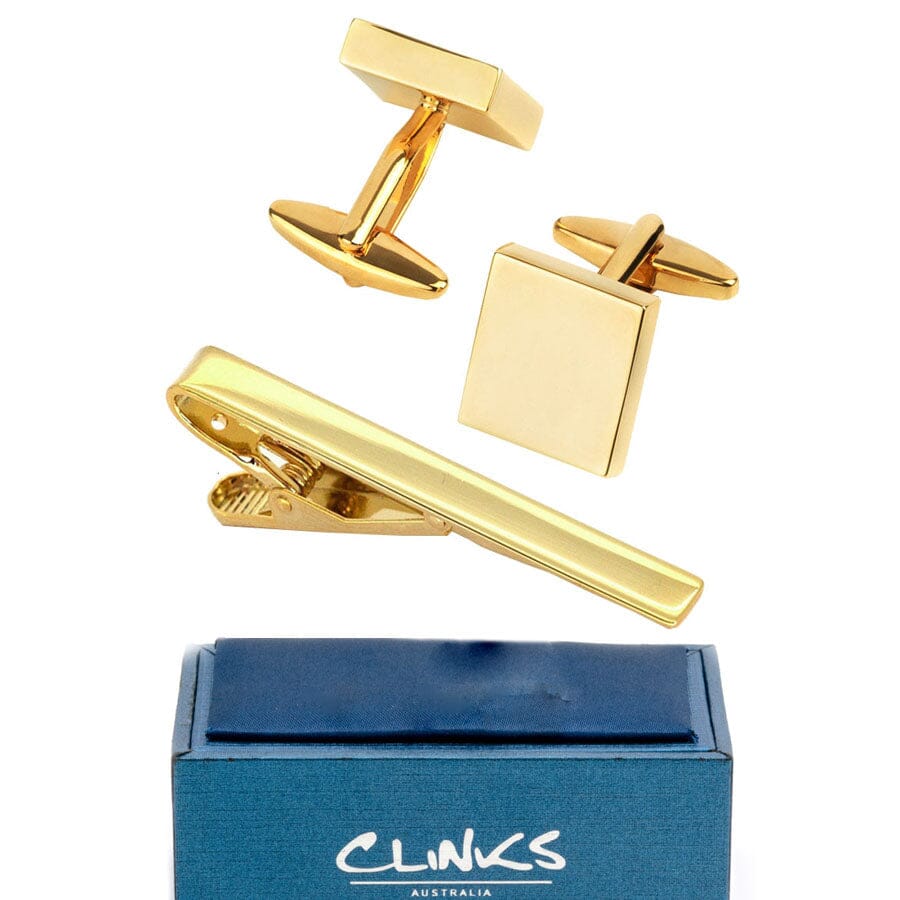 Shiny Gold Square Cufflinks & Tie Clip Set Gift Set Clinks Australia